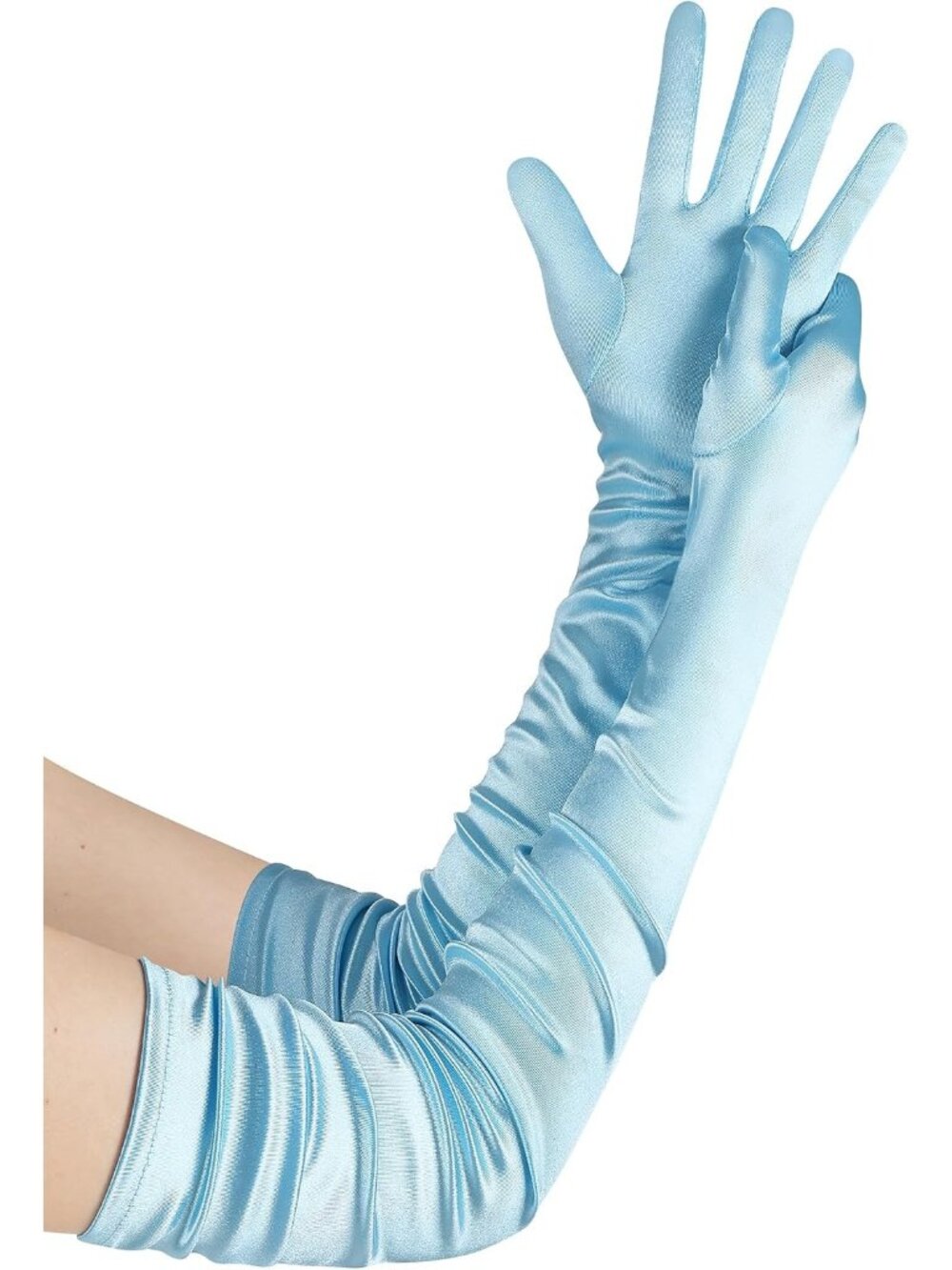 Women Baby Blue Stretchy Satin Upper Arm Length 1920s Flapper Long Opera Gloves